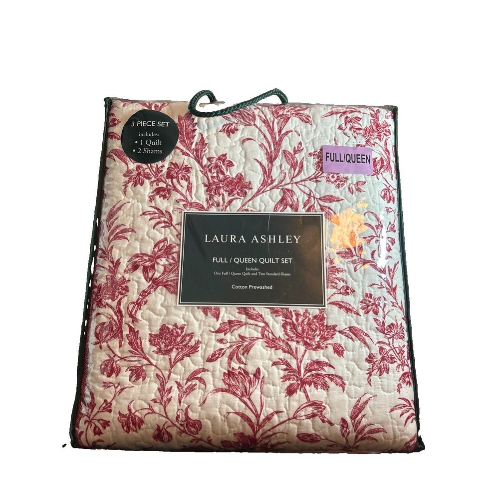 Laura Ashley Ashington Full Queen Quilt Set, 3 Piece Red Floral Cotton Prewashed - Picture 12 of 14